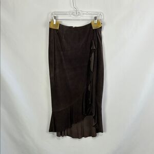 St John Brown Suede Ruffle Trim Midi Skirt